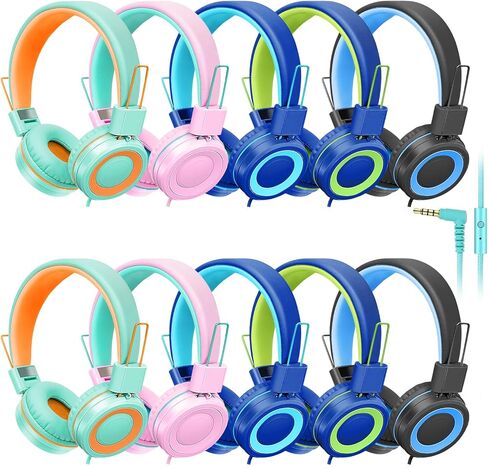 CN-Outlet 10 Pack Classroom Headphones Bulk for K-12 School Kids, Class Set Headphones for Students Teens Library Computer Testing Centers (Mixed Color with Microphone) in Kuwait