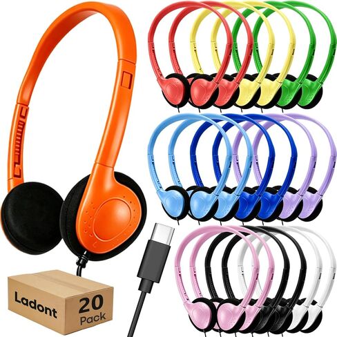 20 Pack Kids Headphones with Type-C Connector, Bulk USB C Headset for Chromebook, Mixed Color School Headphones for Children Teens(Black) in Kuwait