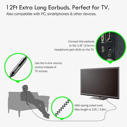 12Ft Extra Long Earbuds for TV & PC, in-Ear Wired Headphones, 3.5mm Jack in Kuwait