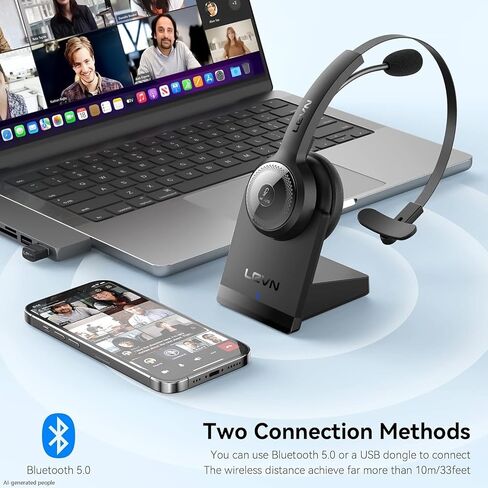 LEVN Bluetooth 5.0 Headset, Wireless Headset with Microphone (AI Noise Cancelling), 35Hrs Bluetooth Headphones with USB Dongle for PC, Suitable for Remote Work/Call Center/Zoom/Online Class, Black in Kuwait