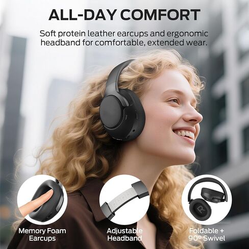 Oraolo Hybrid Active Noise Cancelling Headphones, Wireless Over-Ear Headphones with Deep Bass Sound, Bluetooth 6.0, 70H Playtime, Foldable Comfort Headphone for Travel/Work/Home in Kuwait
