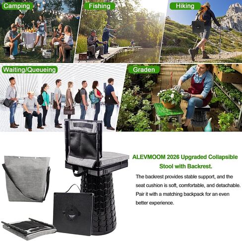 ALEVMOOM 2026 Upgraded Collapsible Stool with Backrest, Cushion & Bag, Portable Telescopic Stool Heavy Duty Load Capacity 1000lbs, Square Folding Chair for Camping Gardening Fishing Hiking BBQ in Kuwait