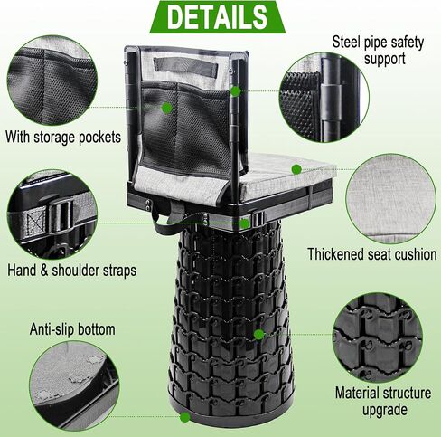 ALEVMOOM 2026 Upgraded Collapsible Stool with Backrest, Cushion & Bag, Portable Telescopic Stool Heavy Duty Load Capacity 1000lbs, Square Folding Chair for Camping Gardening Fishing Hiking BBQ in Kuwait