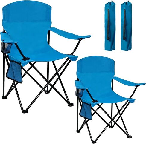 Folding Camping Chair with Cup Holder, 225lbs Capacity, Portable Foldable Chair with Large Anti-Sink Feet, PE Coated Fabric for Outdoor, Beach, Fishing, Backpacking, Blue 2PCS in Kuwait