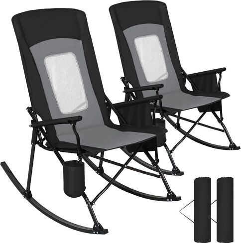 Romswi 2PCS Folding Rocking Camping Chair for Adults, Heavy Duty XL Padded Rocker with High Back, Portable Outdoor Rocking Chair for Patio, Lawn, Garden, Beach Up tp 400 lbs, Black in Kuwait
