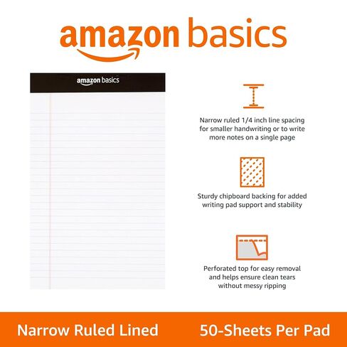 Amazon Basics Narrow Ruled Lined Writing Note Pads for Notes, Office Supplies, 5" x 8", White, 12-Pack of 50 Pages, Perforated in Kuwait