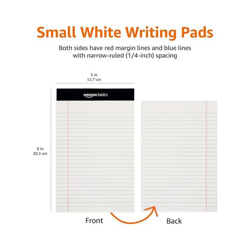 Amazon Basics Narrow Ruled Lined Writing Note Pads for Notes, Office Supplies, 5" x 8", White, 12-Pack of 50 Pages, Perforated in Kuwait