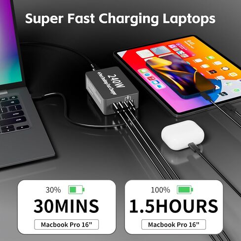 240W USB C Charger Block, 4 Port USB Fast Charging Station 100W Laptop Power Adapter for MacBook, Laptop, Tablet, iPad, iPhone, Cell Phone Multiple Devices Charging Station, Type C Charger in Kuwait