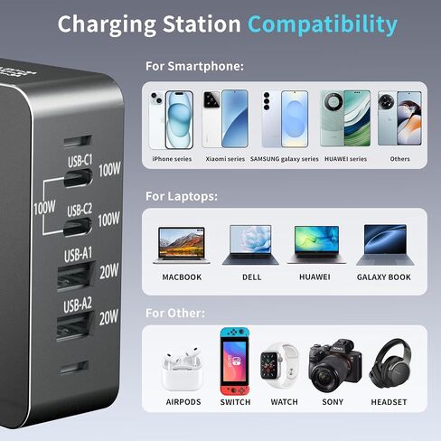 240W USB C Charger Block, 4 Port USB Fast Charging Station 100W Laptop Power Adapter for MacBook, Laptop, Tablet, iPad, iPhone, Cell Phone Multiple Devices Charging Station, Type C Charger in Kuwait