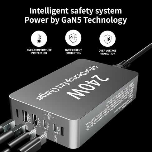 240W USB C Charger Block, 4 Port USB Fast Charging Station 100W Laptop Power Adapter for MacBook, Laptop, Tablet, iPad, iPhone, Cell Phone Multiple Devices Charging Station, Type C Charger in Kuwait