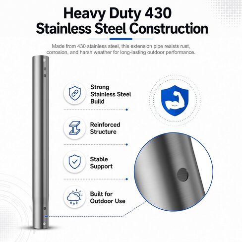 14'' Antenna Pole Mount Extension Pipe with Two Mounting Holes, Compatibility with ASIN B0DLKGHV6J and B0D4XZWFBR, Stainless Steel Extender Tube Bracket Rod Allows for Length Adjustment in Saudi Arabia