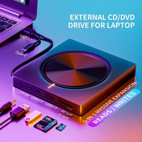 External CD/DVD Drive,DVD Player for Laptop,6 in 1 Portable DVD Reader Writer ROM Drive,USB CD Burner External Disk Drive Compatible with Laptop Desktop Mac,Windows 11/10/8/7 Linux OS in Saudi Arabia