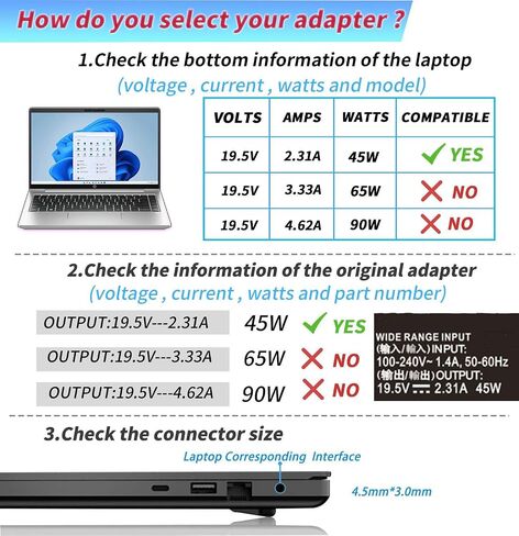45W 19.5V 2.31A 741727-001 L25296-001/002/003/004 213349-109 TPN-CA14 TPN-LA15 Laptop Charger Compatible with HP Pavilion 15 14 13 11 Notebook Stream 14 13 11 Envy X360 Blue Tip Adapter Power Cord in Saudi Arabia