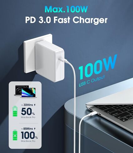 Mac Book Pro Charger - 100W GaN USB C Laptop Charger Compatible with MacBook Pro/Air 16, 15, 14, 13 Inch, MacBook M1 M2 M3 M4 M5, iPad Pro/Air and All Type C Device, Type C to C Fast Charger in Kuwait
