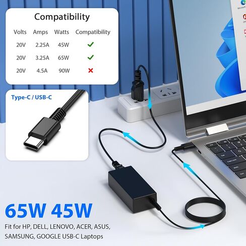 65W USB C Laptop Charger Compatible with HP Spectre X360,Spectre,Elitebook x360,Elitebook,Envy,Omnibook,Elite x2,Chromebook,Dragonfly,Zbook,ProBook Travel Type C AC Adapter Power Cord Supply in Kuwait