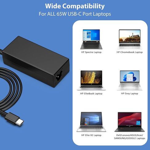 65W USB C Laptop Charger Compatible with HP Spectre X360,Spectre,Elitebook x360,Elitebook,Envy,Omnibook,Elite x2,Chromebook,Dragonfly,Zbook,ProBook Travel Type C AC Adapter Power Cord Supply in Kuwait