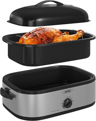 Sunvivi Electric Roaster Oven with Self-Basting Lid, 14-Quart Turkey Roaster Oven with Removable Pan and Rack, Stainless Steel, White in Kuwait