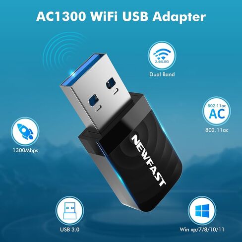 NEWFAST AC1300 Nano USB WiFi محول NF-U323، محول واي فاي ثنائي النطاق 2.4G/5G لأجهزة الكمبيوتر المكتبية، MU-MIMO WiFi Dongle، USB 3.0، يدعم Windows 11/10/8.1/8/7/XP، Mac OS 10.11-10.15 in Kuwait