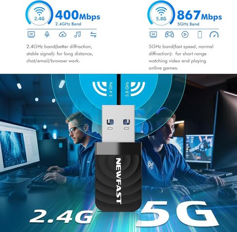 NEWFAST AC1300 Nano USB WiFi محول NF-U323، محول واي فاي ثنائي النطاق 2.4G/5G لأجهزة الكمبيوتر المكتبية، MU-MIMO WiFi Dongle، USB 3.0، يدعم Windows 11/10/8.1/8/7/XP، Mac OS 10.11-10.15 in Kuwait