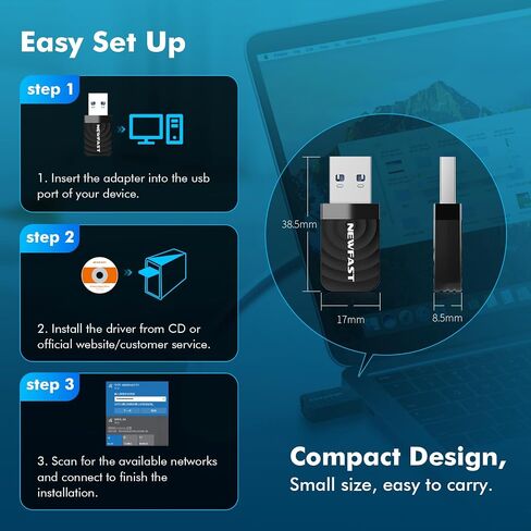 NEWFAST AC1300 Nano USB WiFi محول NF-U323، محول واي فاي ثنائي النطاق 2.4G/5G لأجهزة الكمبيوتر المكتبية، MU-MIMO WiFi Dongle، USB 3.0، يدعم Windows 11/10/8.1/8/7/XP، Mac OS 10.11-10.15 in Kuwait