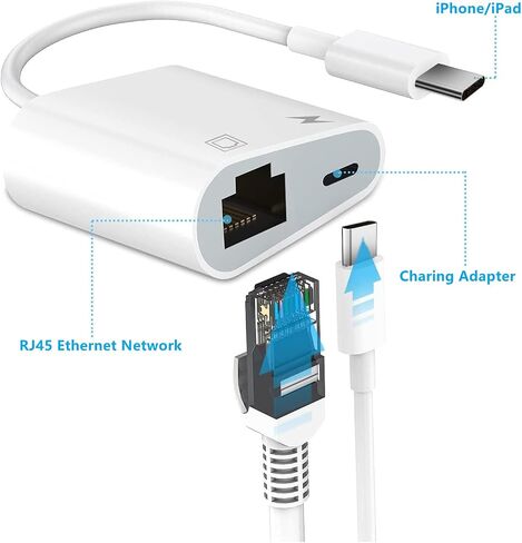 محول إيثرنت USB-C مع الشحن - محول شبكة LAN محمول متوافق مع iPhone 15 Pro/Max/Plus وMacBook Pro/Air 2018 وSamsung وiPad والمزيد in Kuwait