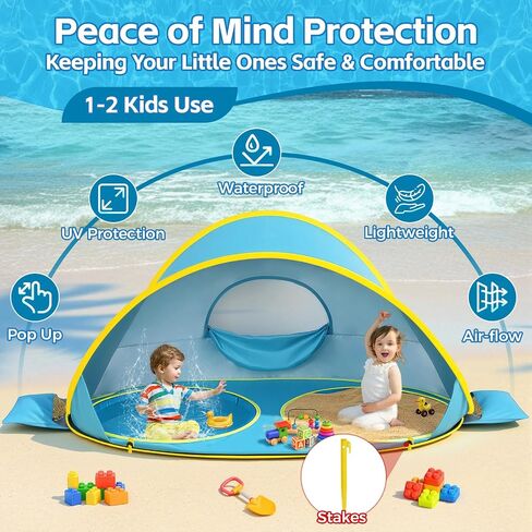 Pop Up Baby Beach Tent with 2 Pool and 84"x75" Play Mat,UPF 50+ Sun Protection,Portable Sun Shelter for Infants and Toddlers Outdoor Water Play,Family Beach Trips,Camping, Beaches Essentials in Kuwait