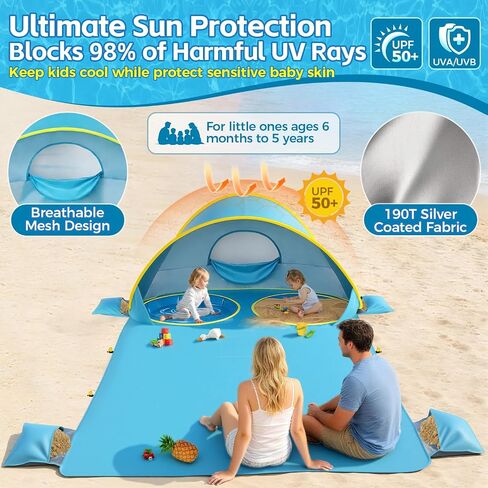 Pop Up Baby Beach Tent with 2 Pool and 84"x75" Play Mat,UPF 50+ Sun Protection,Portable Sun Shelter for Infants and Toddlers Outdoor Water Play,Family Beach Trips,Camping, Beaches Essentials in Kuwait