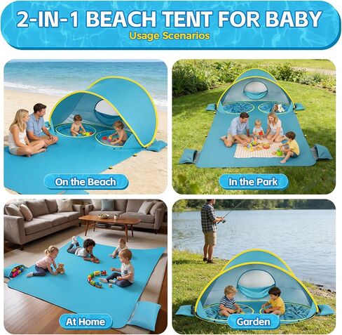Pop Up Baby Beach Tent with 2 Pool and 84"x75" Play Mat,UPF 50+ Sun Protection,Portable Sun Shelter for Infants and Toddlers Outdoor Water Play,Family Beach Trips,Camping, Beaches Essentials in Kuwait