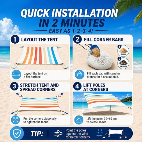 Beach Tent Shade Canopy UPF50+Protection & Windproof Pop Up Beach Shelter Tent with 2 Stability Poles 4 Sandbags for Family, Travel & Camping, Easy Setup in Saudi Arabia