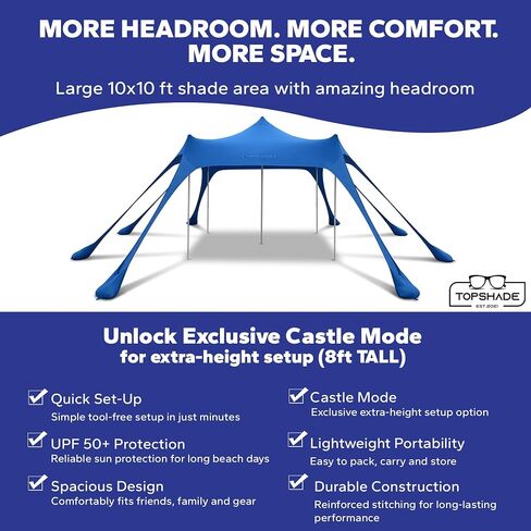 TopShade Beach Canopy Tent. Easy Setup, 10 ft x10 ft, Blue, Castle Mode in Kuwait