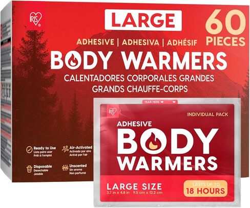 IRIS USA Hand Warmers, Regular/Large/Jumbo, 30/60 Individual Warmers, Regular/Adhesive Body Warmers Up to 10/12/18 Hours Disposable Handwarmer Bulk for Hot Hands Feet Chest Back, TSA-Approved, Camping in Kuwait