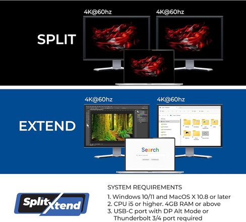 محول OREI SplitXtend USB-C إلى HDMI مزدوج 4K 60 هرتز مع توصيل طاقة 95 وات in Kuwait