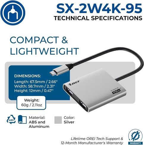 محول OREI SplitXtend USB-C إلى HDMI مزدوج 4K 60 هرتز مع توصيل طاقة 95 وات in Kuwait