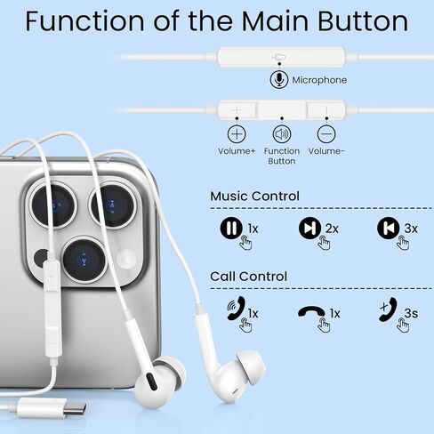 USB C Headphones Wired for iPhone 17/16/15 Pro Max Plus, Type C Earbuds with Microphone & Remote Noise Cancelling Earphones for iPad, Galaxy S25/S24/S23/S22/S21/S20/Ultra Note 10/20, Pixel 7/6/5/4 in Saudi Arabia