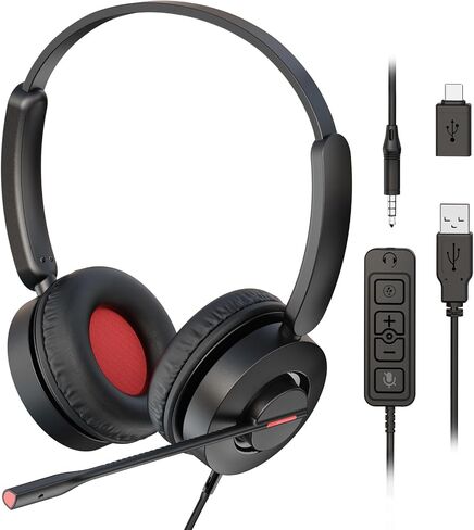 MAIRDI USB Headset with Microphone, 7.1 Surround Sound, USB-A/Type C/3.5mm 3-in-1 Wired Headset with Mic Noise Cancelling & Mute, Computer Headphone for Laptop Home Work Office CallCenter Teams Zoom in Kuwait