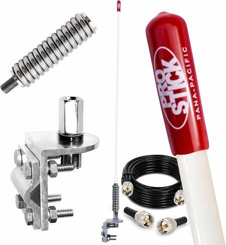 طقم هوائي Prostick 2 قدم من الألياف الزجاجية CB - هوائي أبيض 1000 واط مع حامل مرآة، زنبرك من الفولاذ المقاوم للصدأ ومسمار، كابل محوري RG58 بطول 18 قدم مع PL-259 - هوائي CB للشاحنة الثقيلة in Kuwait
