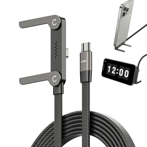 240W USB C to USB C Ultra Fast Charging Cable with Invisible Stand Flat Phone Charger 90 Degree Right Angle Plug T Shaped Foldable Stand Multi Functional Cord Black 4.9 Ft(2 Pack in Kuwait