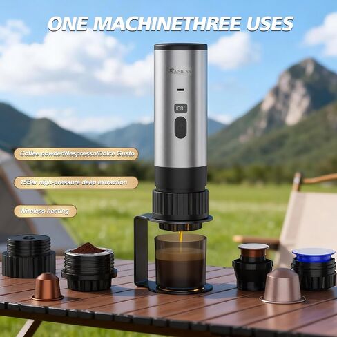RAINBEAN Portable Electric Espresso Maker,2-in-1 Travel Coffee Maker for Ground/NS&DG Capsules, Car Espresso Machine Self-Heating for Camping, RV, Hiking, Office in Kuwait