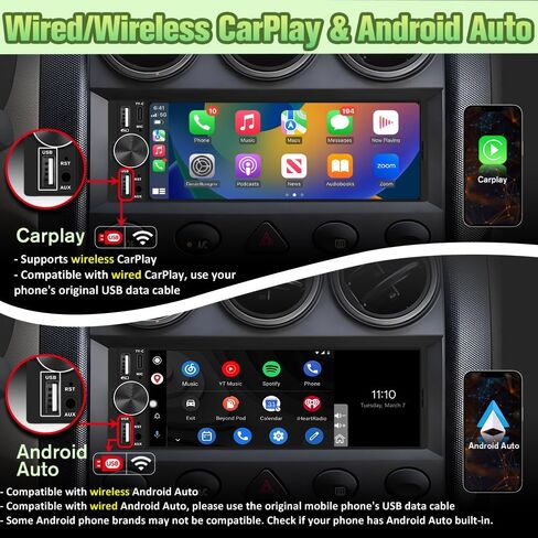 6.36" Single Din Car Stereo with Wireless CarPlay & Android Auto, IPS Touchscreen Head Unit with Backup Camera/External Microphone, Car Radio Supports Bluetooth/SWC/FM/Double USB/Type-C in Kuwait