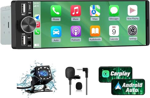 6.36" Single Din Car Stereo with Wireless CarPlay & Android Auto, IPS Touchscreen Head Unit with Backup Camera/External Microphone, Car Radio Supports Bluetooth/SWC/FM/Double USB/Type-C in Kuwait