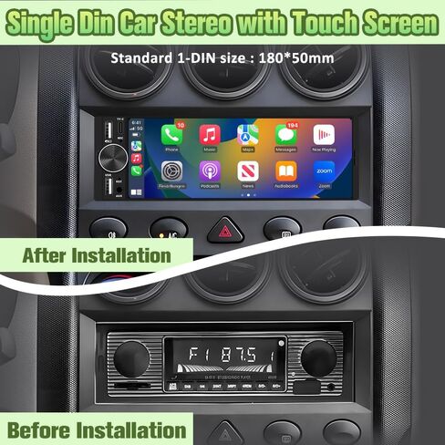 6.36" Single Din Car Stereo with Wireless CarPlay & Android Auto, IPS Touchscreen Head Unit with Backup Camera/External Microphone, Car Radio Supports Bluetooth/SWC/FM/Double USB/Type-C in Kuwait