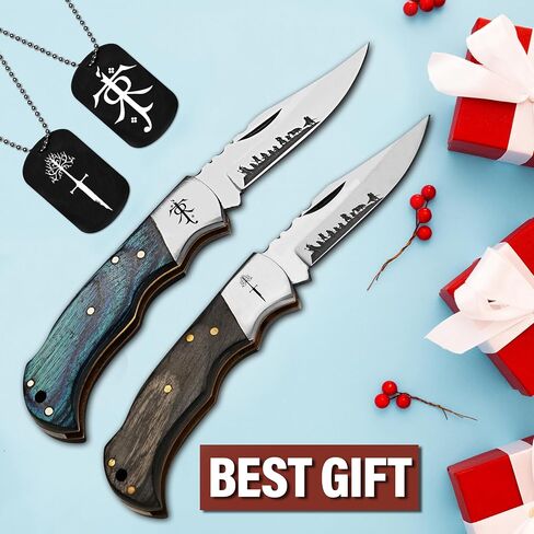 2 pack folding pocket knife, 5.5 inche 420HC blade,Black and Blue handle, Lord of the Rings Symbol, EDC Tactical knife with Two Gift Lockets Ideal for Camping, Survival, and Gifts in Saudi Arabia