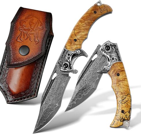 Damascus Steel Folding Knife, 3.6 "Stable Wood Handle, Camping Tactical Outdoor Knife with Clip for EDC, Gift for Husband Dad Ladies and Men in Saudi Arabia