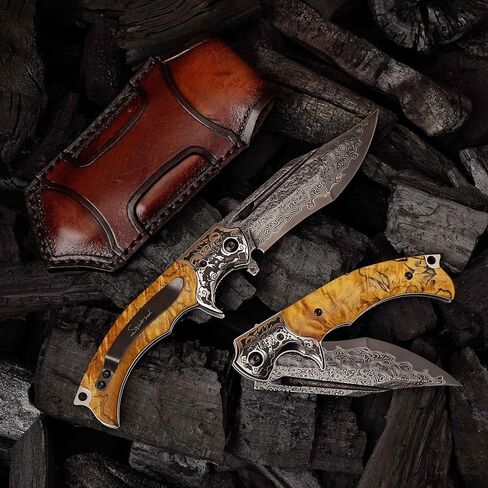 Damascus Steel Folding Knife, 3.6 "Stable Wood Handle, Camping Tactical Outdoor Knife with Clip for EDC, Gift for Husband Dad Ladies and Men in Saudi Arabia