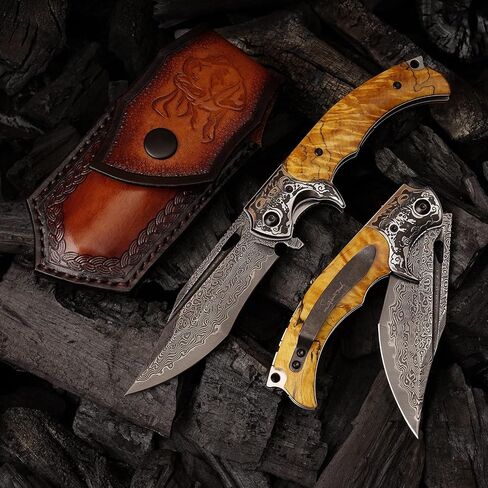 Damascus Steel Folding Knife, 3.6 "Stable Wood Handle, Camping Tactical Outdoor Knife with Clip for EDC, Gift for Husband Dad Ladies and Men in Saudi Arabia