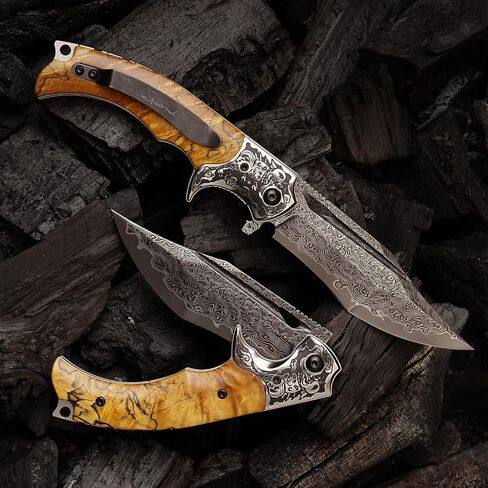 Damascus Steel Folding Knife, 3.6 "Stable Wood Handle, Camping Tactical Outdoor Knife with Clip for EDC, Gift for Husband Dad Ladies and Men in Saudi Arabia