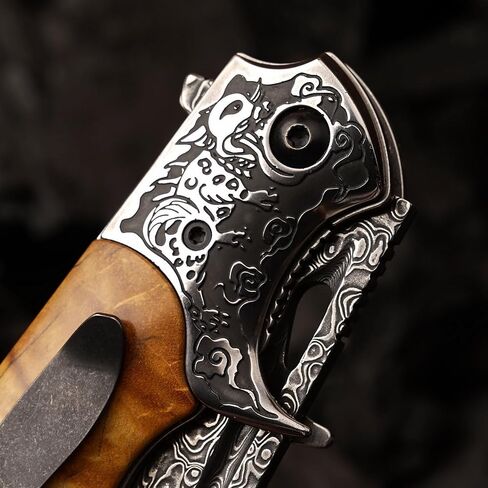Damascus Steel Folding Knife, 3.6 "Stable Wood Handle, Camping Tactical Outdoor Knife with Clip for EDC, Gift for Husband Dad Ladies and Men in Saudi Arabia