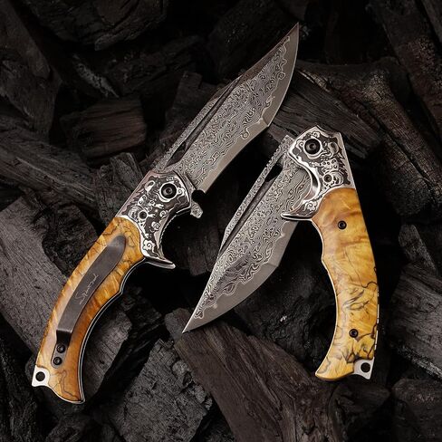 Damascus Steel Folding Knife, 3.6 "Stable Wood Handle, Camping Tactical Outdoor Knife with Clip for EDC, Gift for Husband Dad Ladies and Men in Saudi Arabia