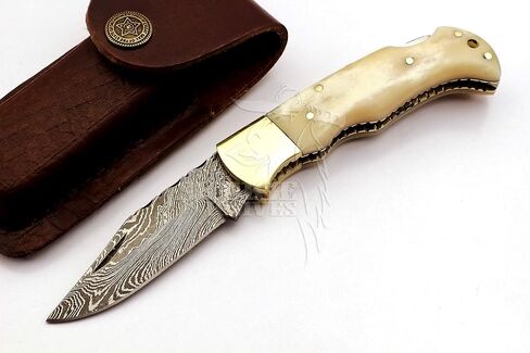 Skokie Knives Custom Hand Made Damascus Steel Hunting Folding Knife Handle Camel Bone in Saudi Arabia