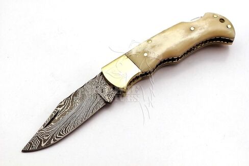 Skokie Knives Custom Hand Made Damascus Steel Hunting Folding Knife Handle Camel Bone in Saudi Arabia